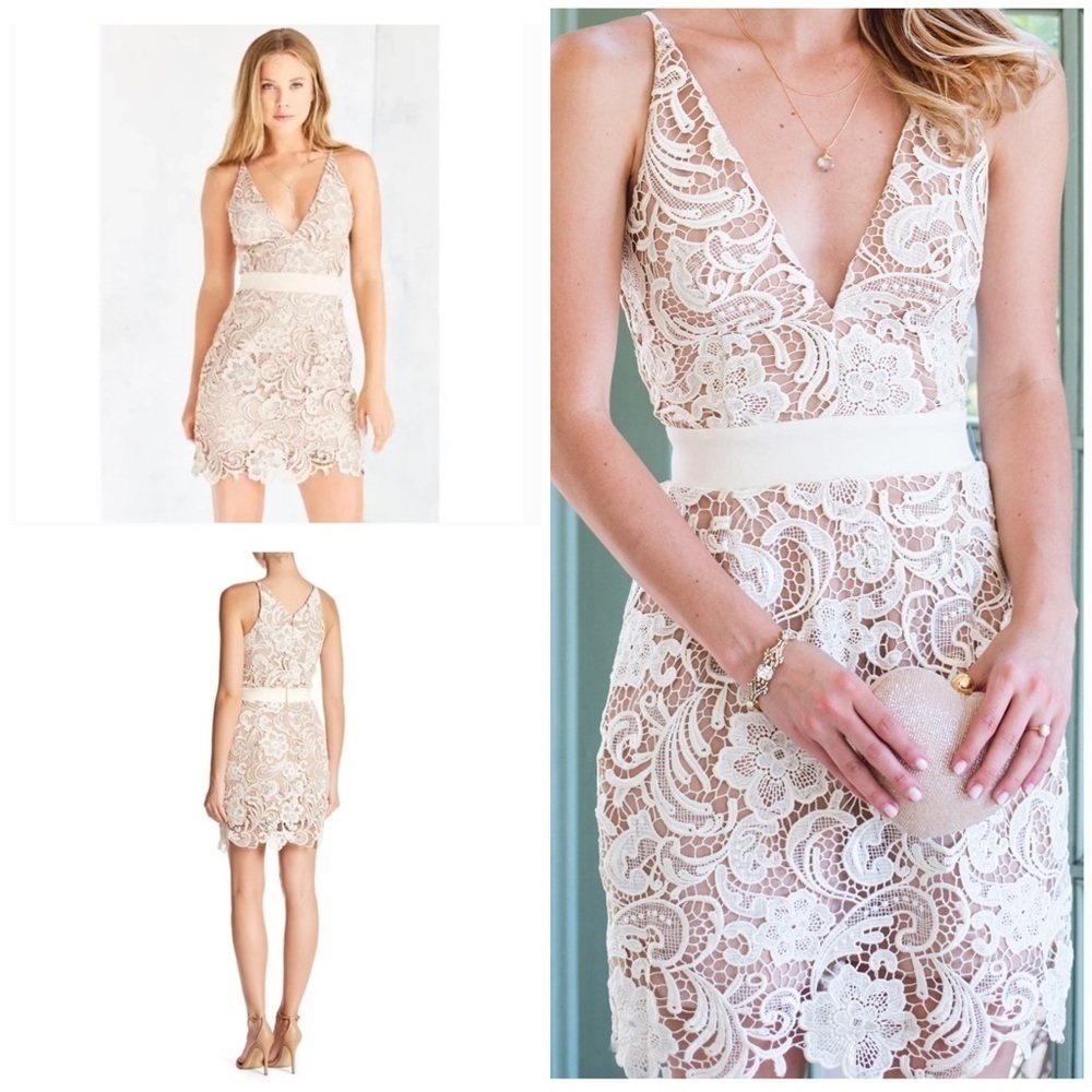 Dress The Population Ava Beige White Lace Rehearsal Bridal Cocktail V-Neck Dress